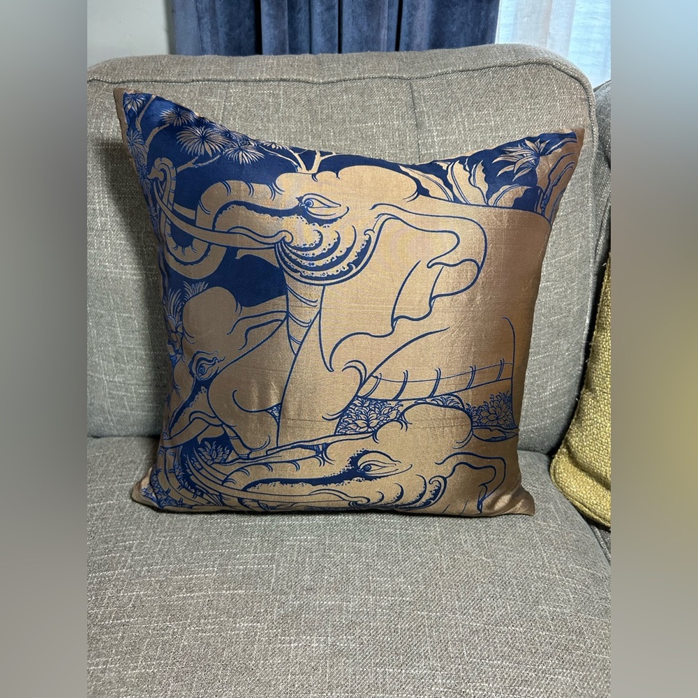Thai Silk Elephant Design Blue and Gold Throw Pillow